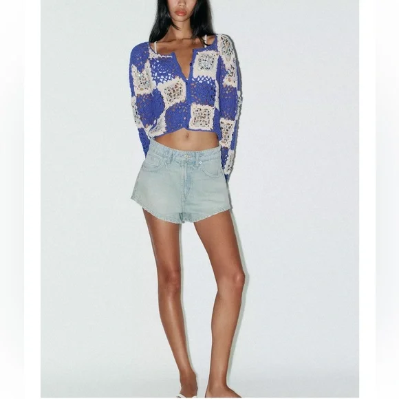 Zara Sequin Crochet Jacket Cardigan Blue / cream NWT - Picture 2 of 7